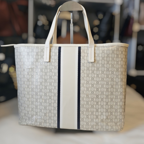 Tory Burch Cream and Navy Patterned Tote - Picture 6 of 7